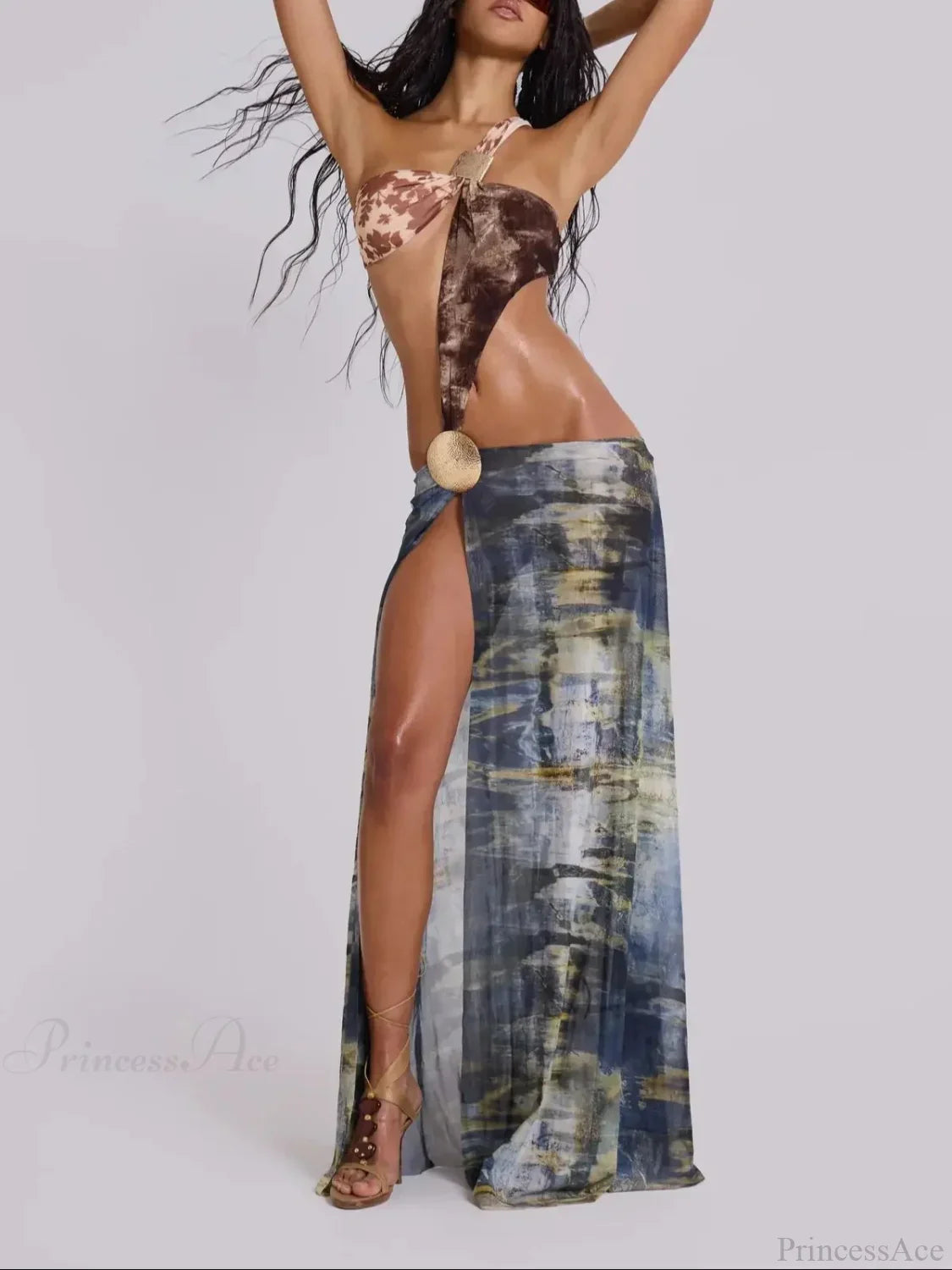 Cut Out Mesh Print Long Bikini Set image 2