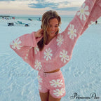 Cute Floral Print Pullover Knit Classic Shorts Matching Set - Khaki image 3