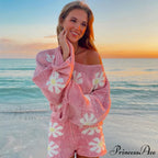 Cute Floral Print Pullover Knit Classic Shorts Matching Set - Khaki image 2