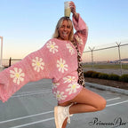 Cute Floral Print Pullover Knit Classic Shorts Matching Set - Khaki image 1