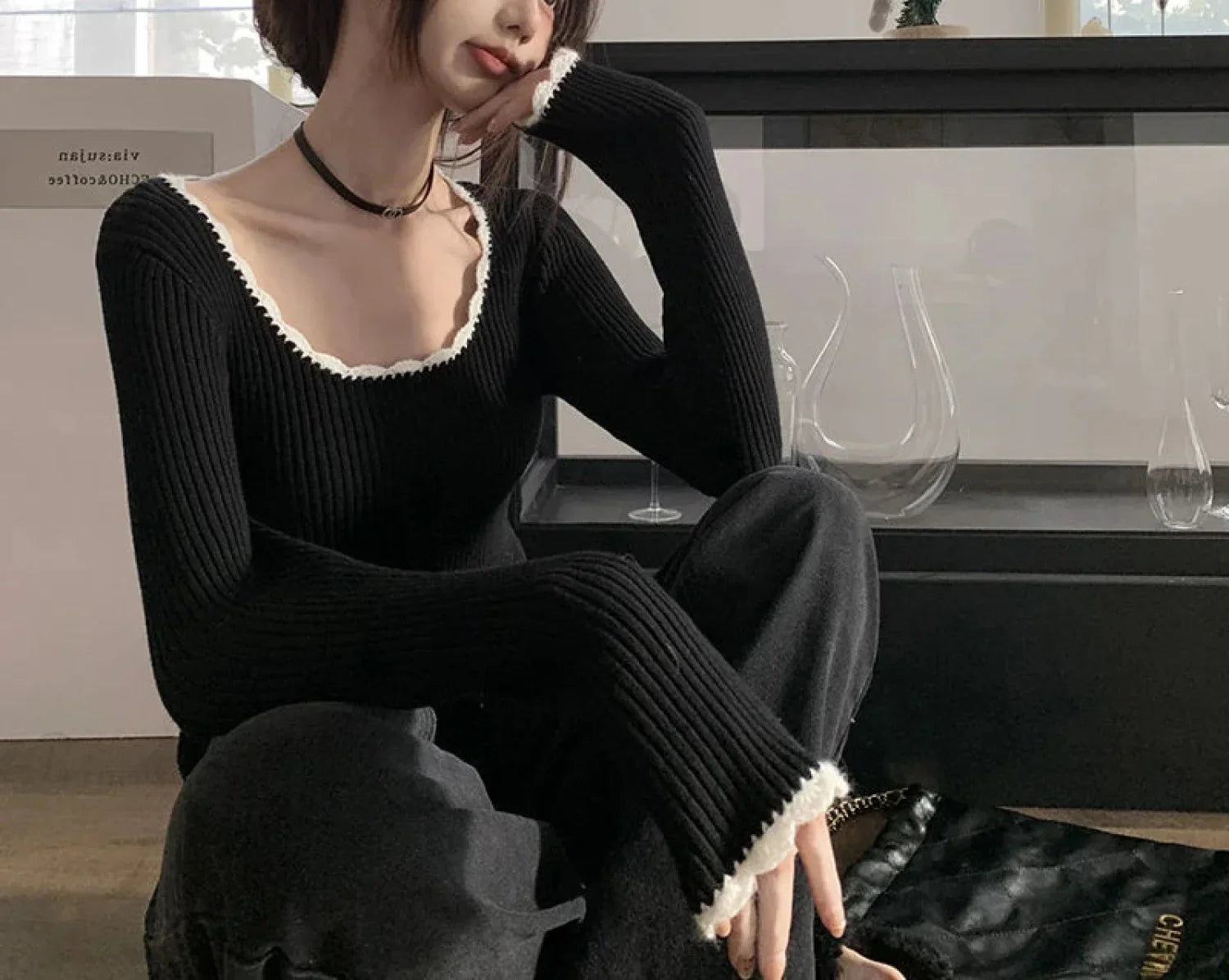 Cute O Neck Long Sleeve Slim Fit Knitted Crop Top image 5