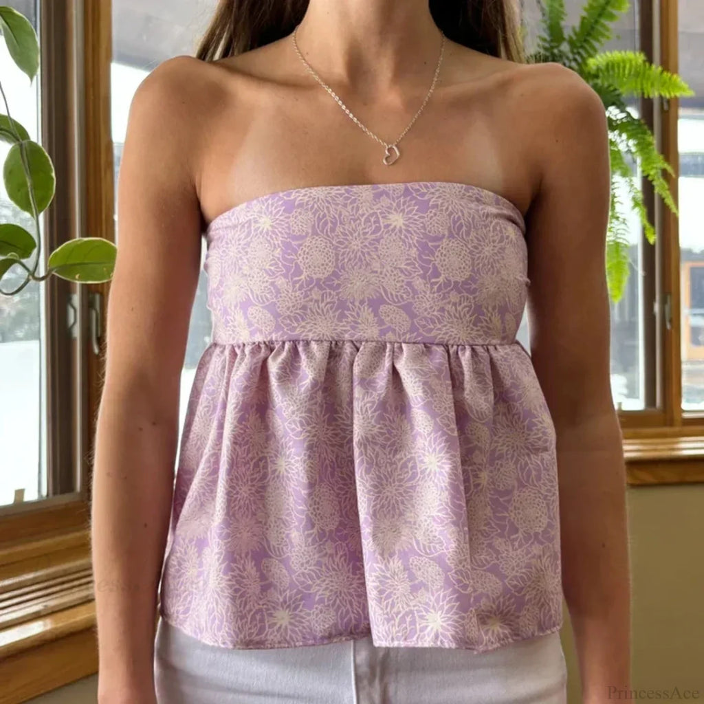 Cute Summer Floral Strapless Bandeau 00s Backless Tie Up Bodydoll Y2K Crop Top image 4