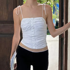 Cutest Backless Summer White Tank Vintage Buttons Ruched Tie-Up Y2K Crop Top image 2