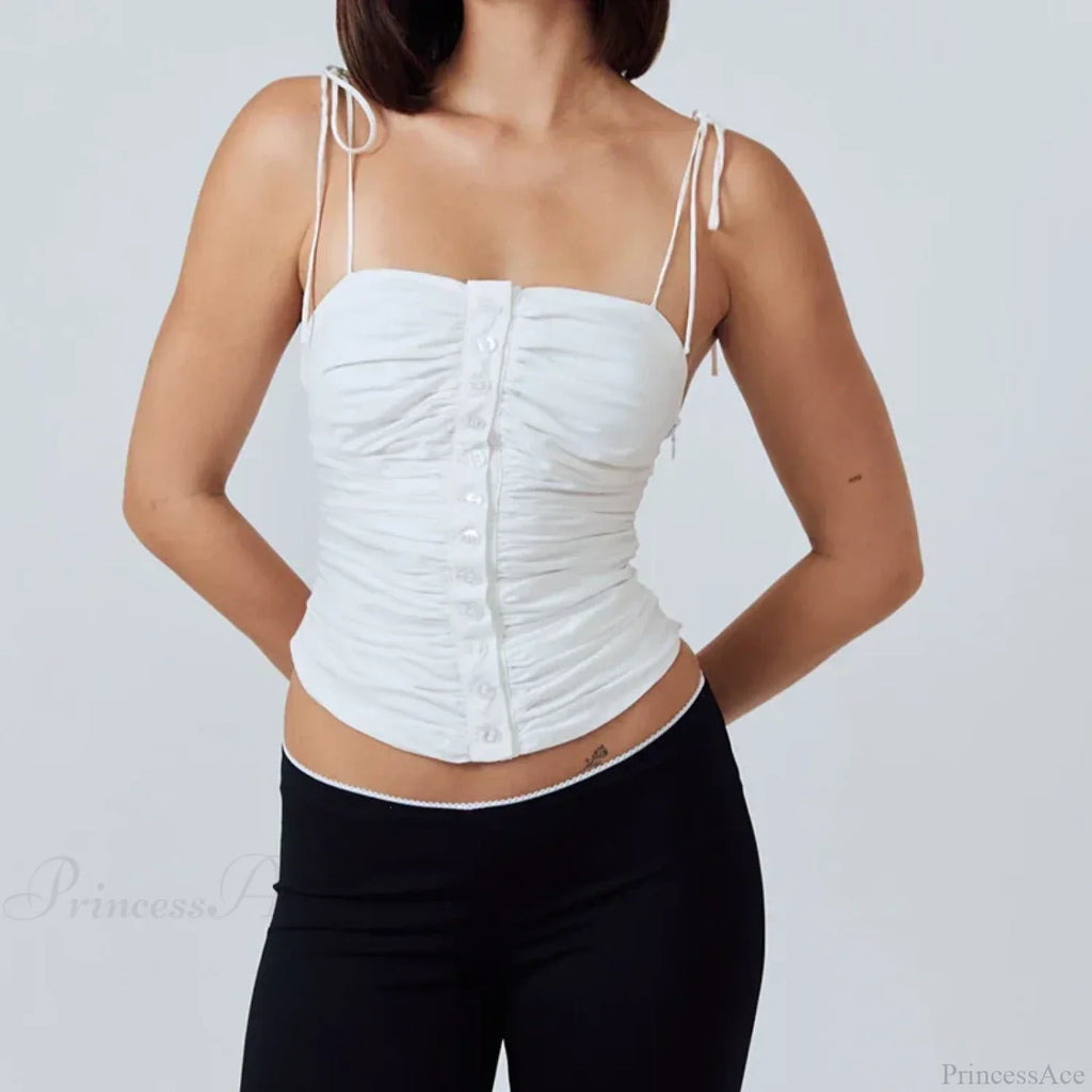 Cutest Backless Summer White Tank Vintage Buttons Ruched Tie-Up Y2K Crop Top image 3