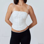 Cutest Backless Summer White Tank Vintage Buttons Ruched Tie-Up Y2K Crop Top image 3