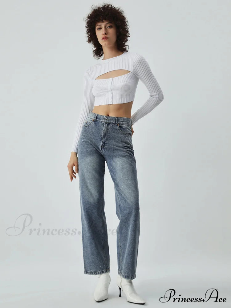 Cutout Button Up Long Modern Sleeve Crop Knit Top image 3