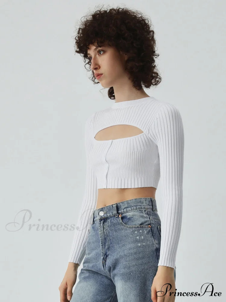 Cutout Button Up Long Modern Sleeve Crop Knit Top image 5