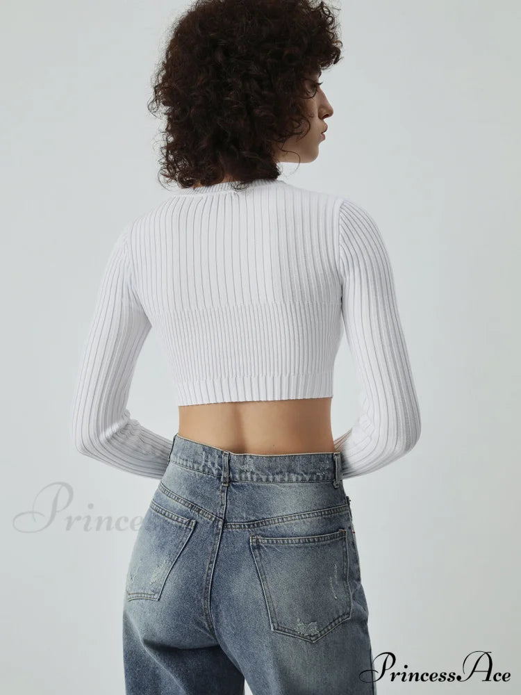 Cutout Button Up Long Modern Sleeve Crop Knit Top image 4
