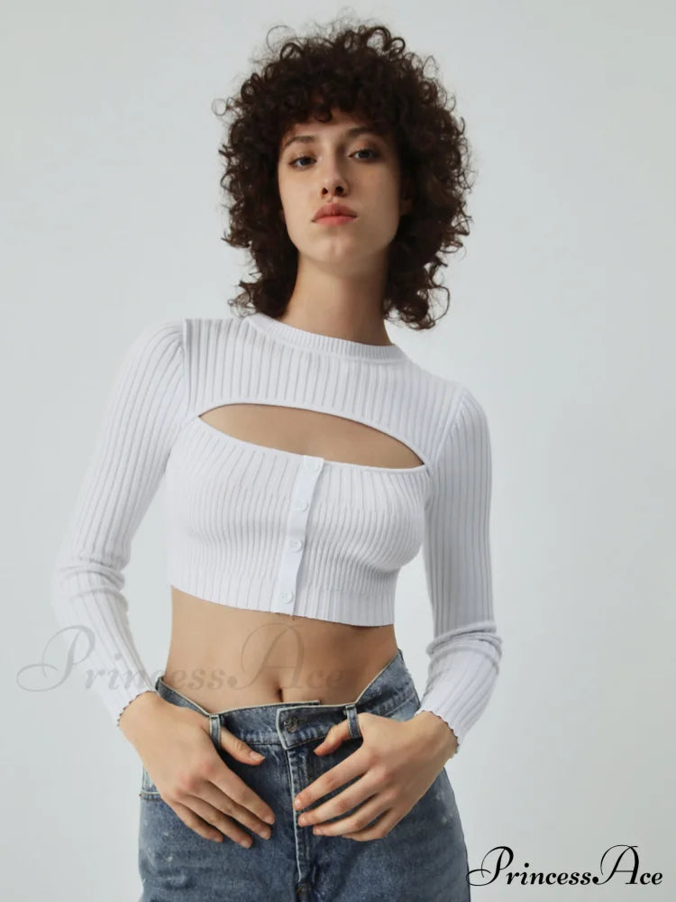 Cutout Button Up Long Modern Sleeve Crop Knit Top image 1
