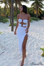 Cutout Drawstring Side Slit Dress with Strapless Design image 5