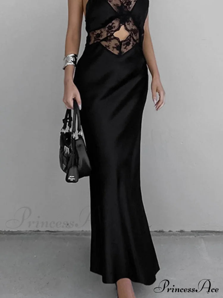 Cutout Lace Trim Trendy Stain Long Dress image 4