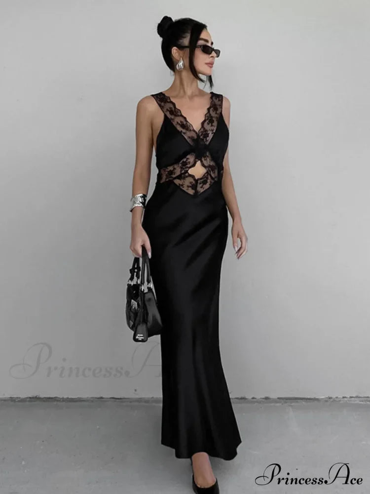 Cutout Lace Trim Trendy Stain Long Dress image 3