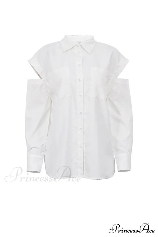 Cutout Long Tops Blouse White with Sleeves image 6