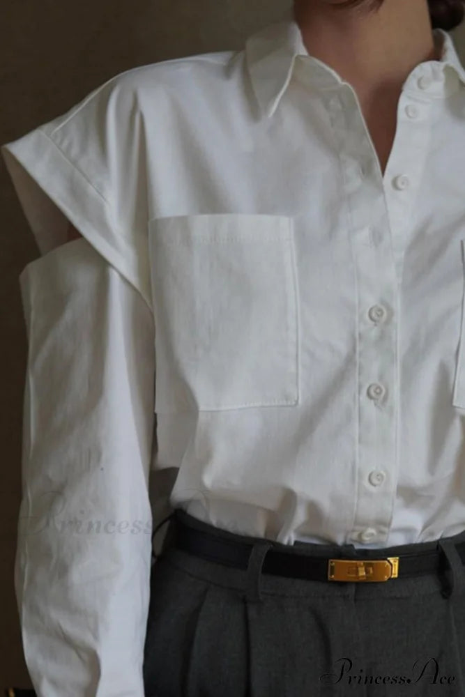 Cutout Long Tops Blouse White with Sleeves image 5
