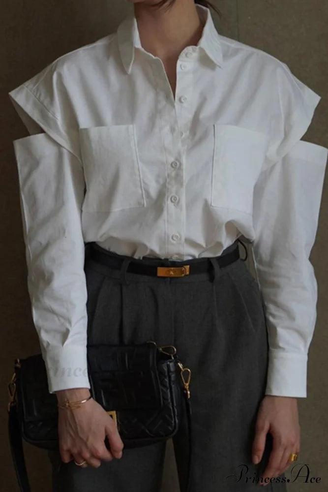 Cutout Long Tops Blouse White with Sleeves image 4