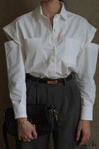 Cutout Long Tops Blouse White with Sleeves image 4