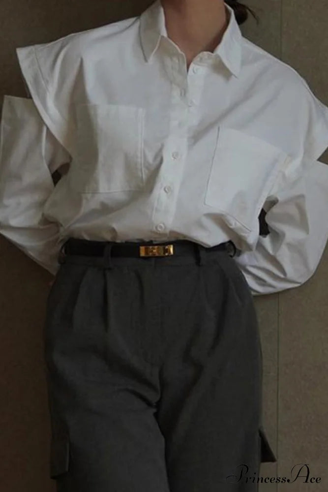 Cutout Long Tops Blouse White with Sleeves image 3