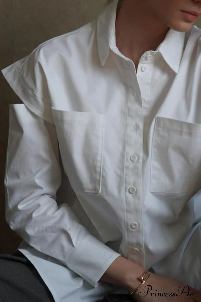 Cutout Long Tops Blouse White with Sleeves image 2