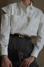 Cutout Long Tops Blouse White with Sleeves image 1