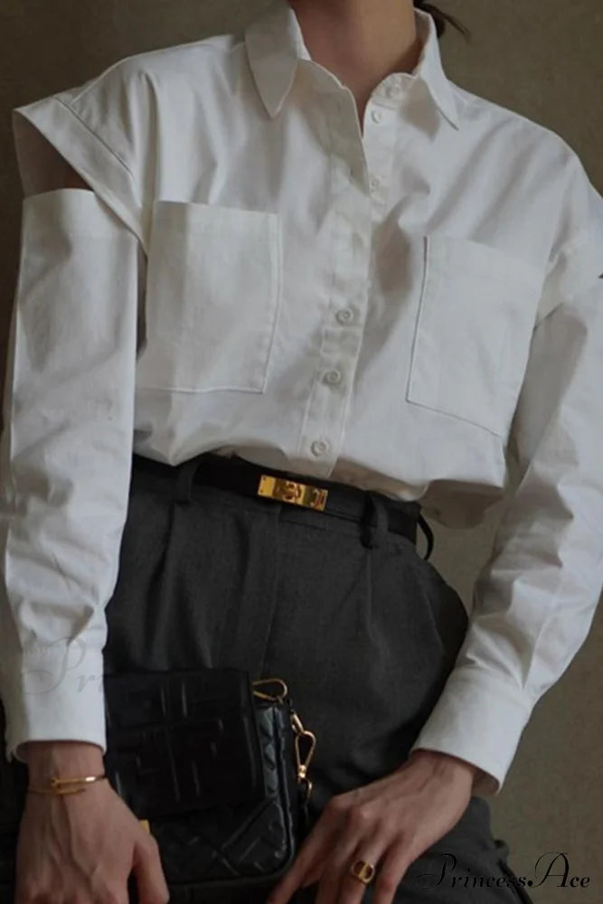 Cutout Long Tops Blouse White with Sleeves image 1