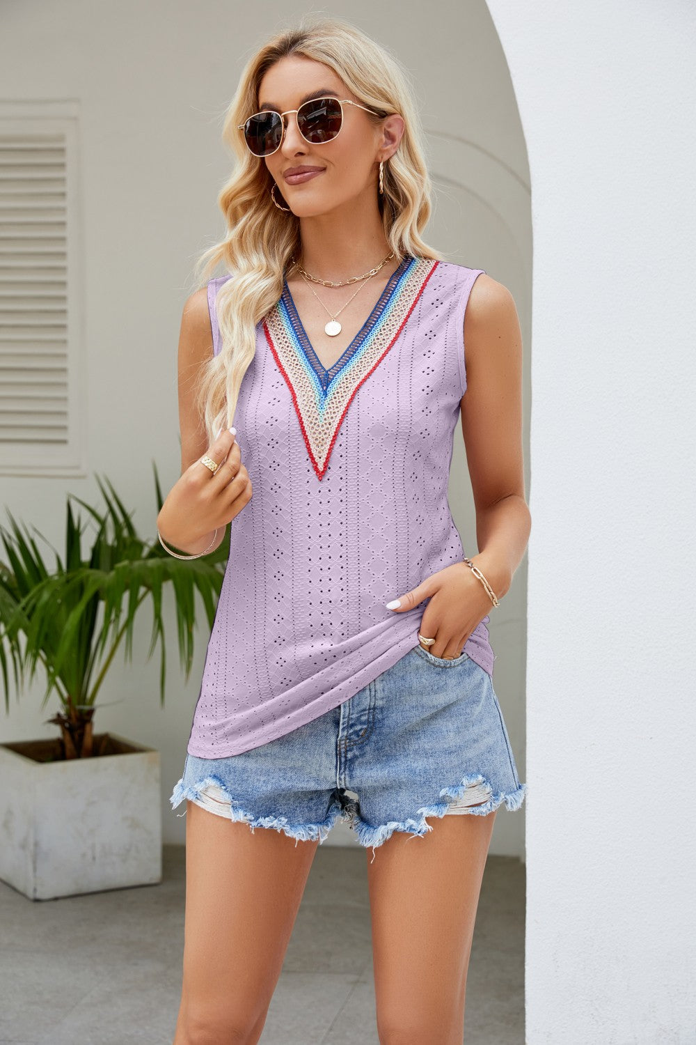 Nicolette Eyelet Tank detail view styled for Avrienne