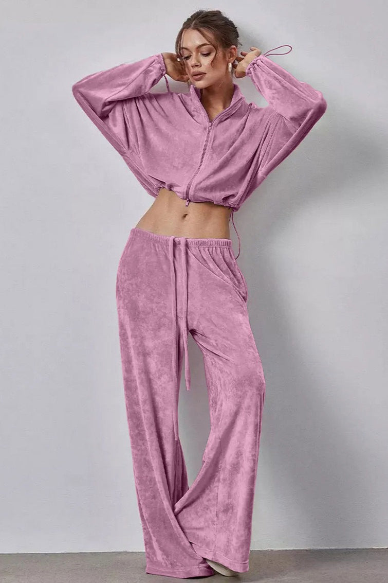 Vintage Drawstring Crop Top and Wide Leg Pants Two Piece Set image 5
