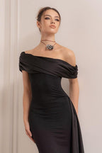 Black One Shoulder Flowy Sleeve Formal Dress image 11