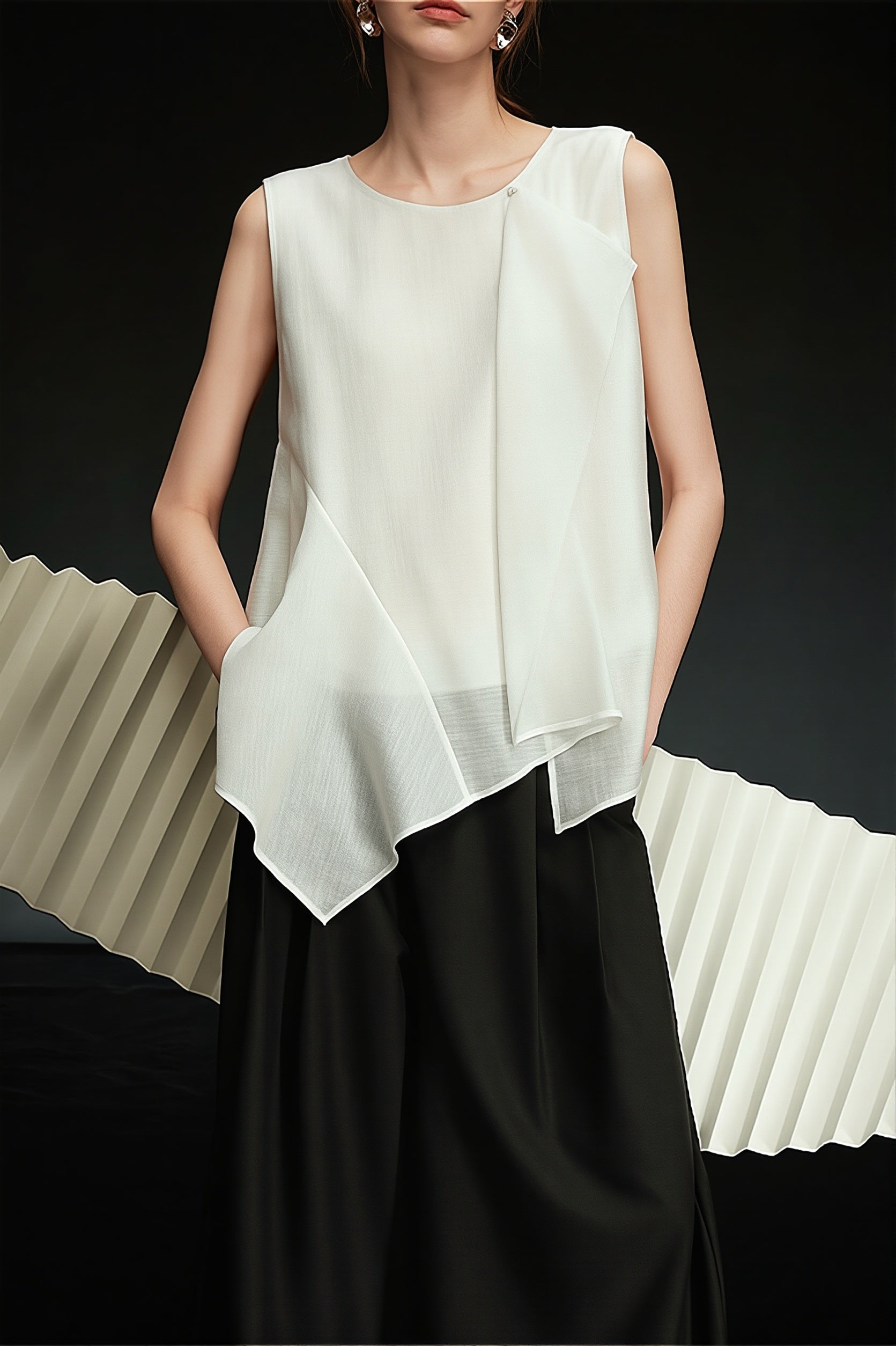 White Irregular Ruffle Sleeveless Blouse image 3