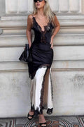 Lace Ruffled Patchwork Asymmetrical Spaghetti Strap Slit Maxi Dress image 1