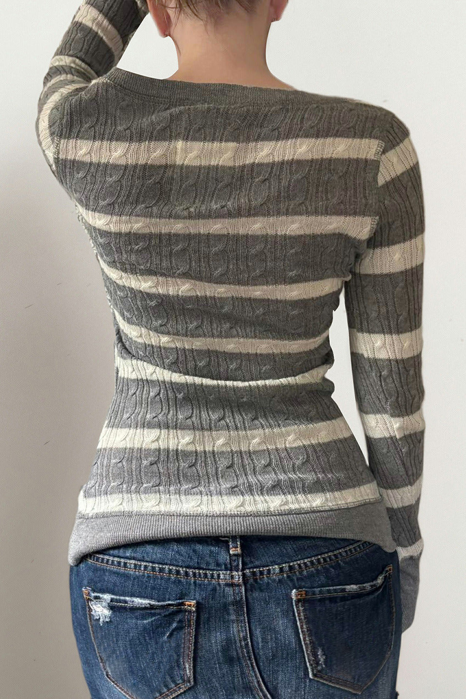 Cable Knit Striped Square Neck Sweet Knit Sweater image 4