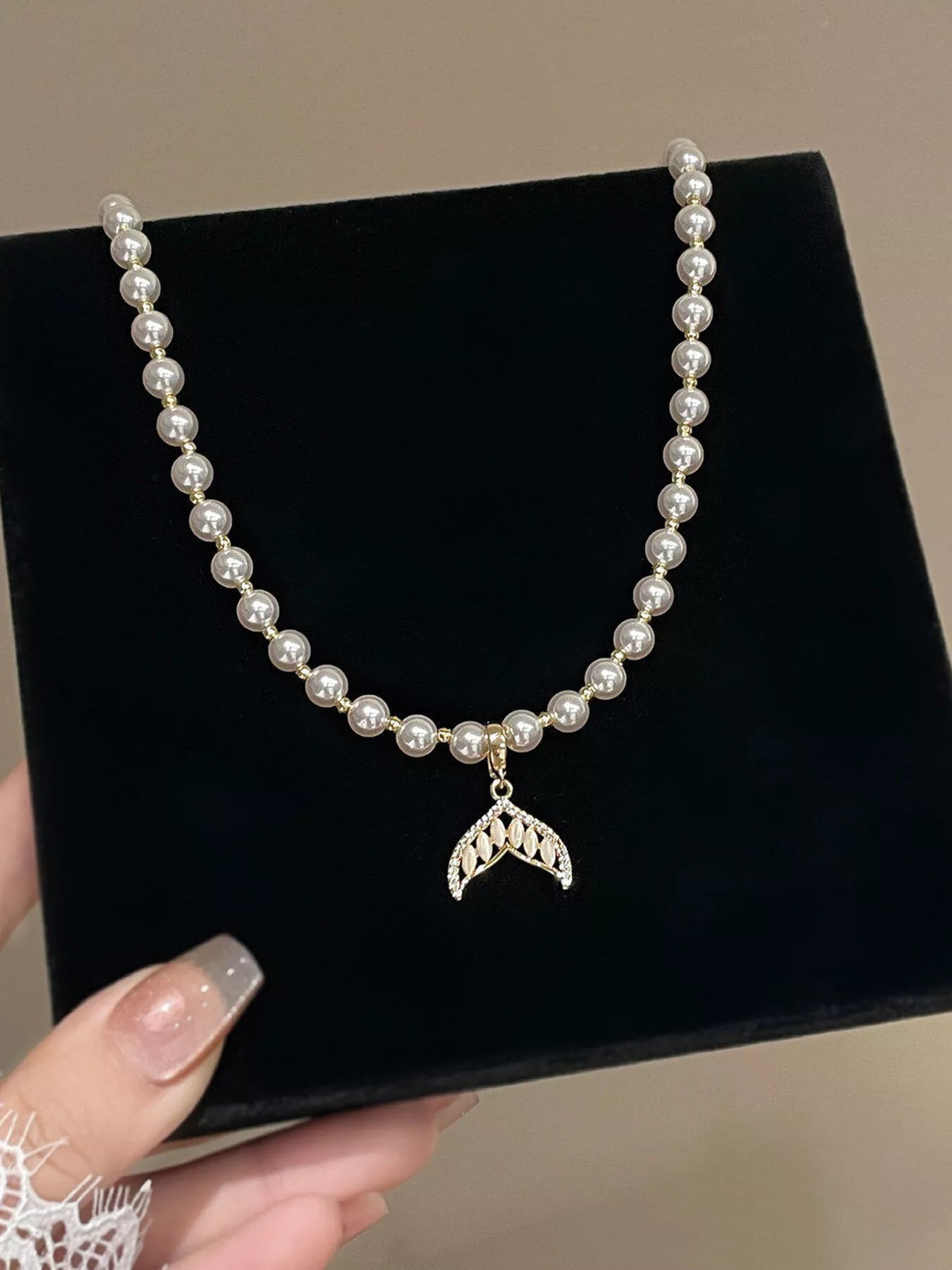 Honor Pearl Necklace detail view styled for Avrienne