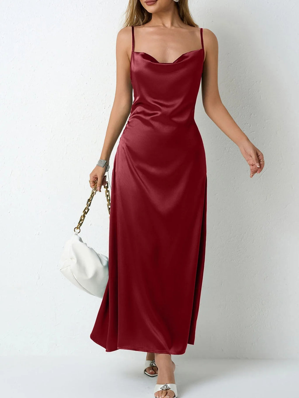 Paloma Satin Dress detail view styled for Avrienne
