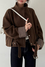Short Cuffed Check Pieced Stand Collar Wool Coat image 9