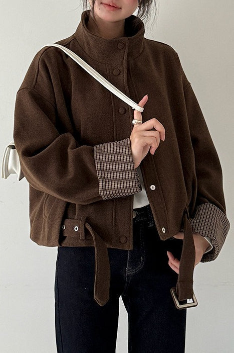 Short Cuffed Check Pieced Stand Collar Wool Coat image 9