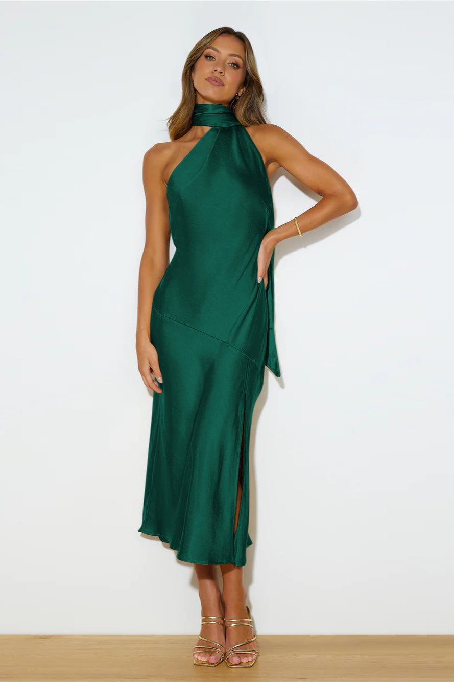 Sexy Satin Slit Hem Backless Midi Dress image 3