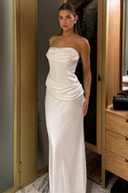 Chic Solid Satin Shirred Strapless Elegant Maxi Dress image 2