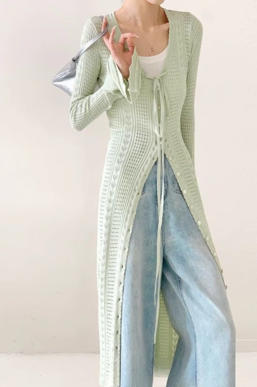 Lightweight Light Green V-Neck Bell-Sleeve Lace-Up Midi Knit Cardigan image 1