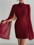 Rhinestone Spliced Round Neck Slim Fit Mini Dress image 1