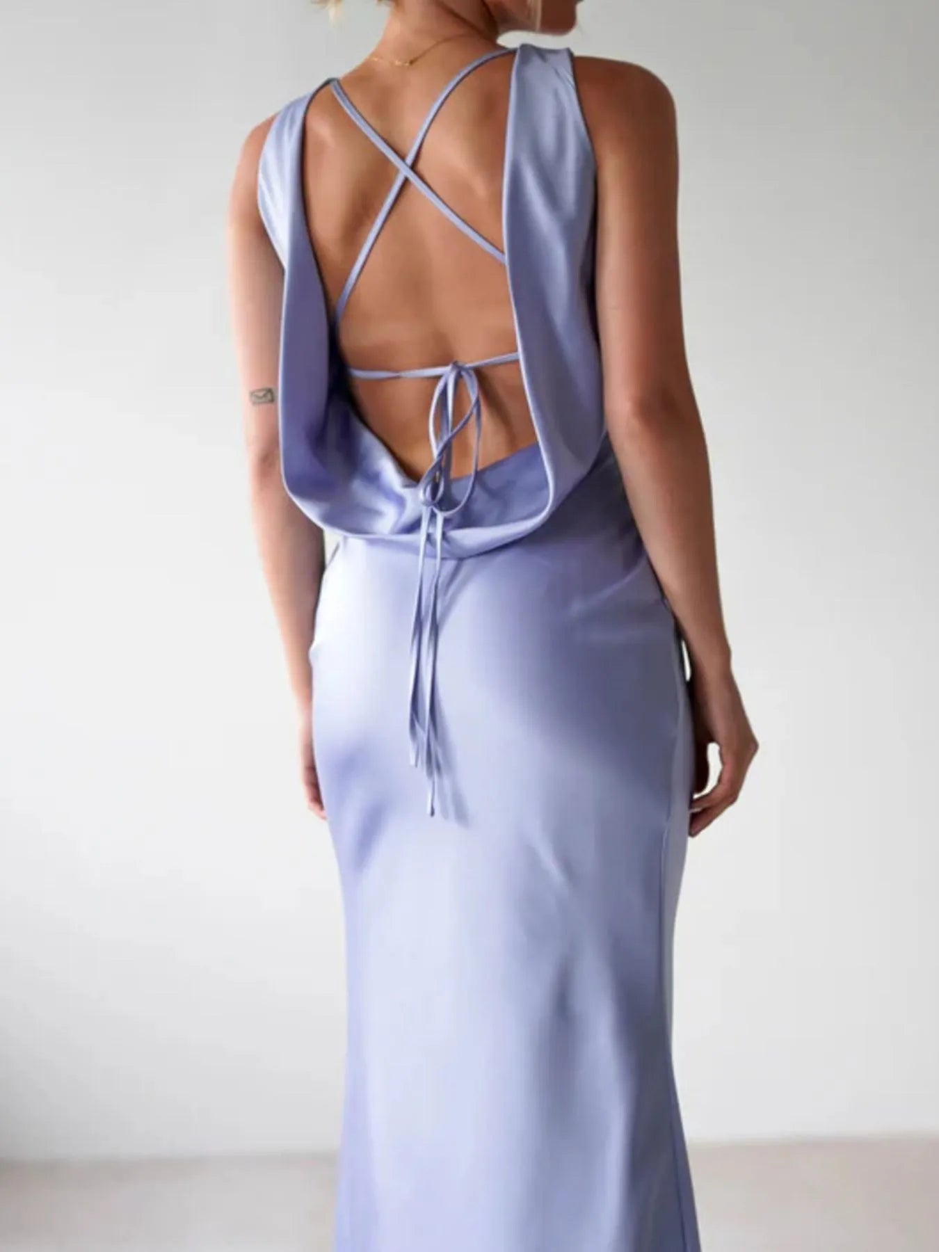 Sylvie Satin Maxi Dress detail view styled for Avrienne
