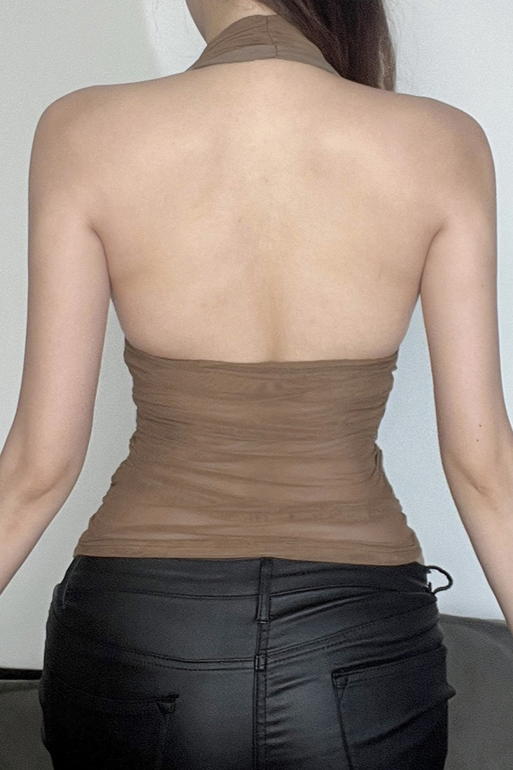 Sexy V Neck Halter Mesh Ruched Tank Top image 5