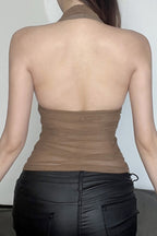 Sexy V Neck Halter Mesh Ruched Tank Top image 5