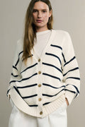 Flattering Striped V Neck Relaxed Knit Cardigan image 1