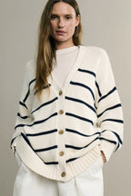 Flattering Striped V Neck Relaxed Knit Cardigan image 1