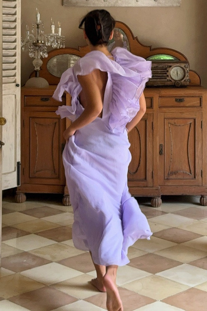 Simple Deep V Ruffle Solid Elegant Maxi Dress image 3