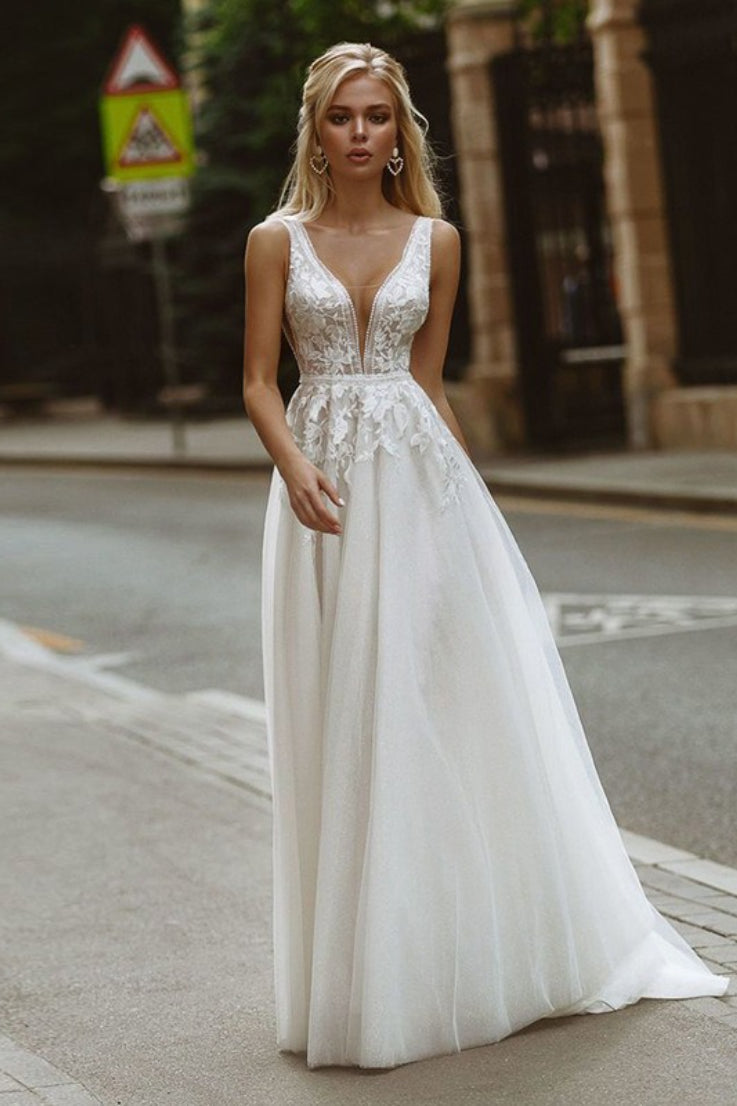 Minimal Deep V Backless Lace Wedding Dress image 6