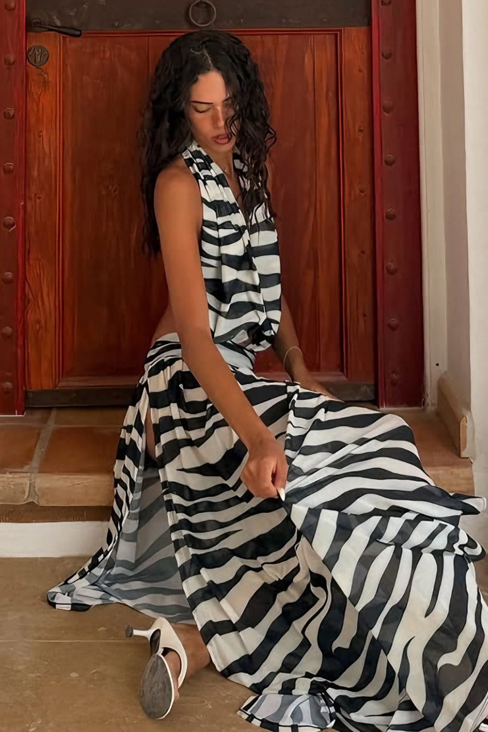 Halter Cutout Back Leopard High Slit Sleeveless Maxi Dress image 4