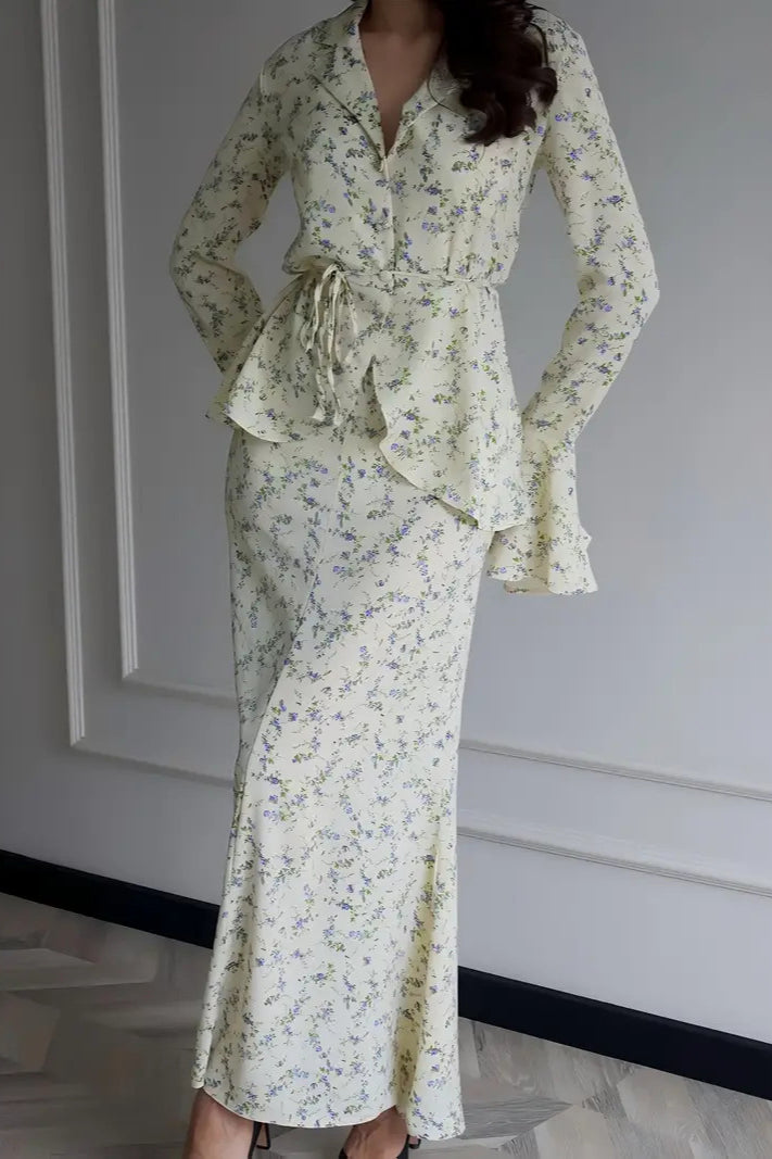 Long Sleeve Small Floral Waist Cinch Top Midi Skirt Two Piece Set image 4
