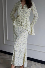 Long Sleeve Small Floral Waist Cinch Top Midi Skirt Two Piece Set image 4