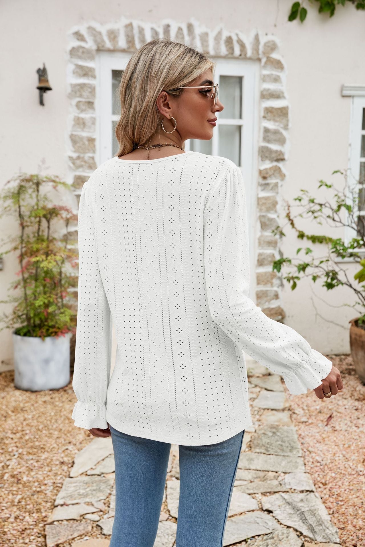 Lisette Eyelet Blouse detail view styled for Avrienne