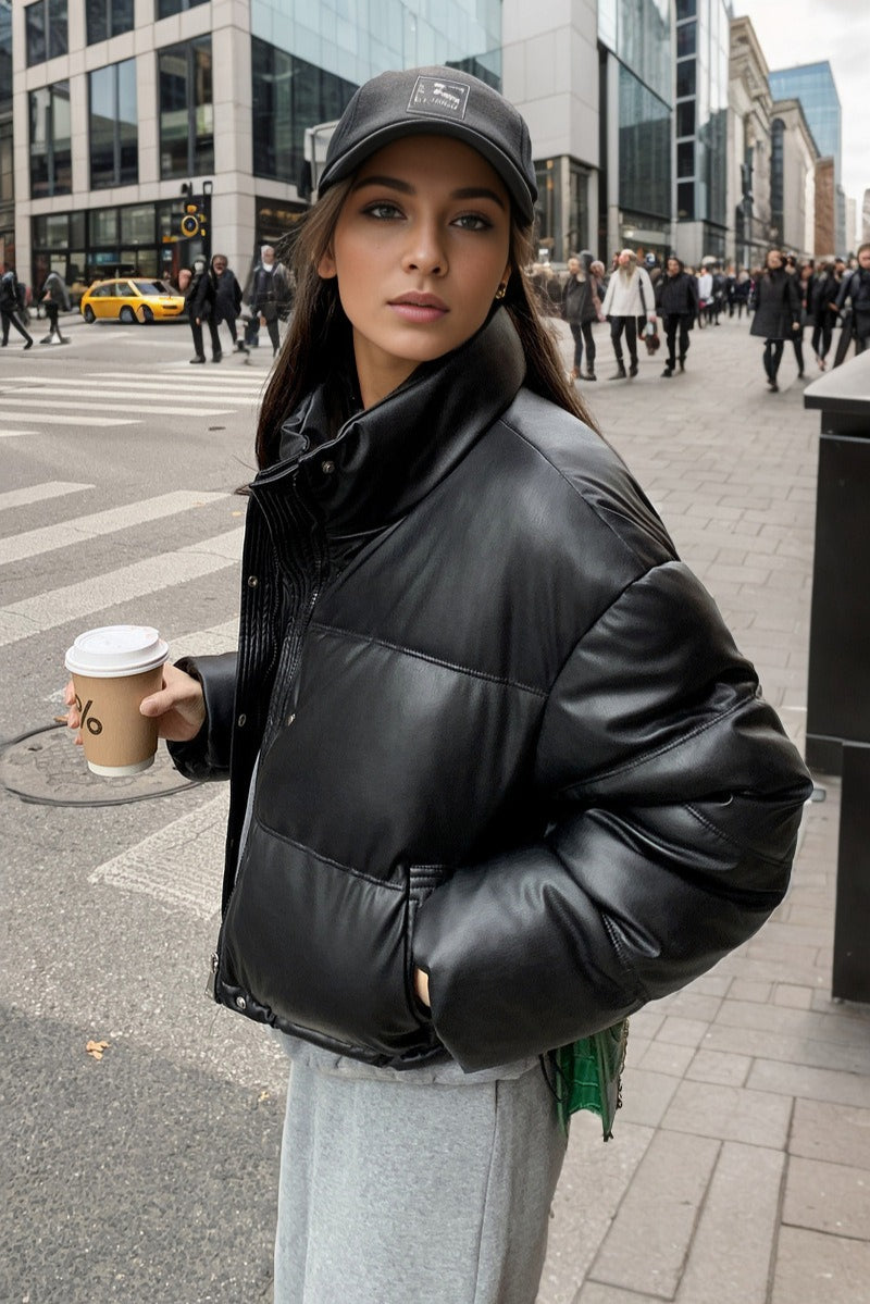 Cropped Faux Leather Insulated Puffer Jacket image 15